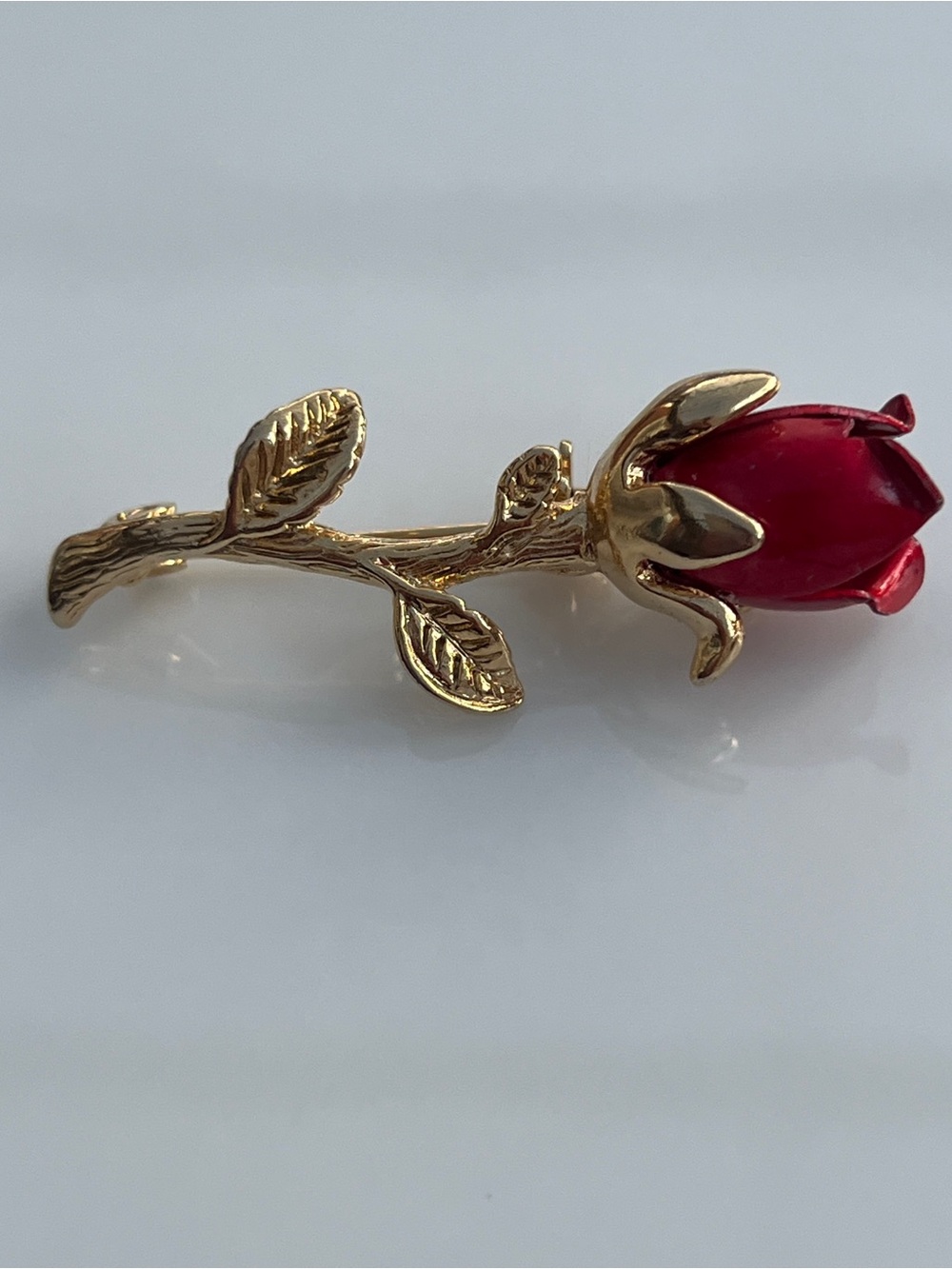 Vintage Red Enamel Rose Brooch Pin | Gold Tone Long Stem Floral Jewelry